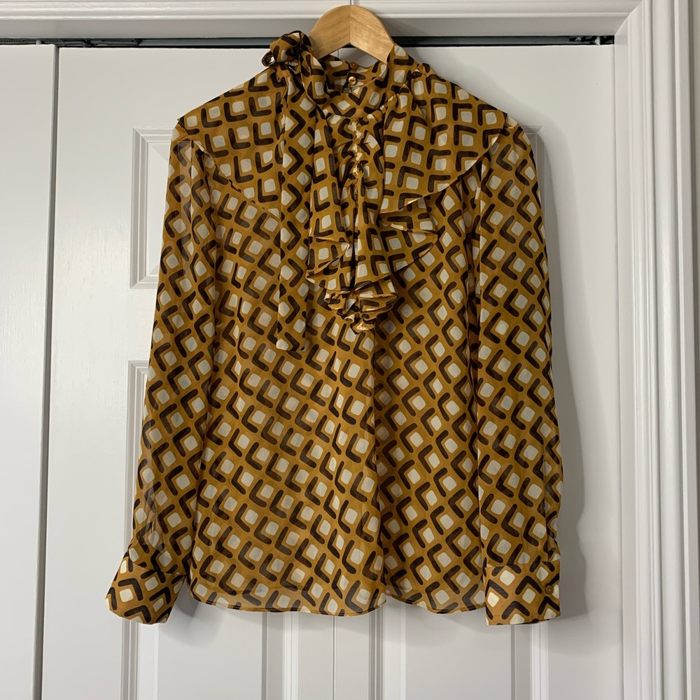 Zara Mustard Geometric Ruffle Neck Blouse